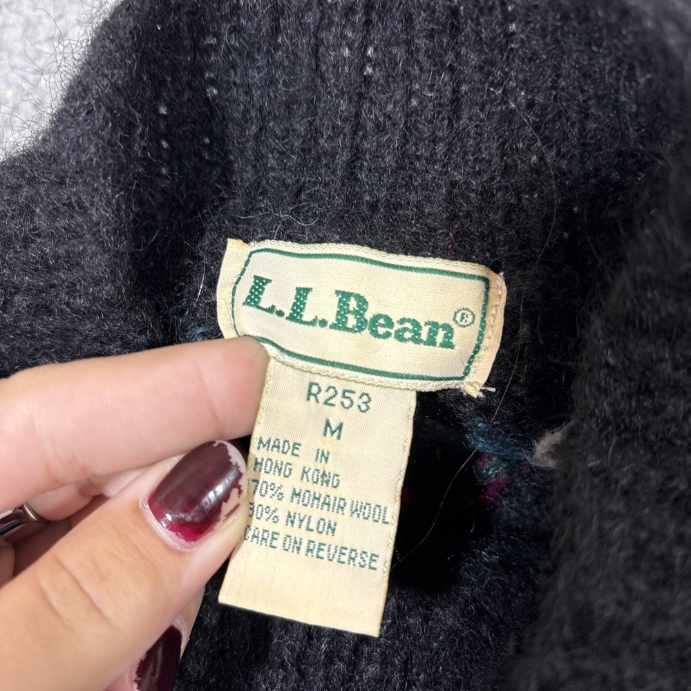 VTG LL Bean Sweater Women's M Black Mohair Wool Floral Yoke Pullover 80s Mock - Picture 2 of 6